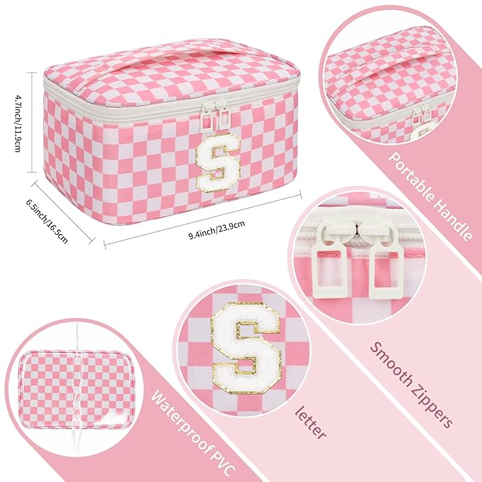 OCHEAL Makeup Bag Valentines Day Gifts for Women, Monogram Cosmetic Bag Pink Travel Makeup Case Beauty Toiletry Bag Organizer Personalized Gifts for Girls Bridesmaid, Sister, Wife, Friends Initial S