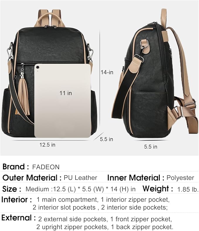 FADEON Leather Backpack Purse for Women Designer Travel Backpack Purses PU Fashion Ladies Shoulder Bag with Tassel