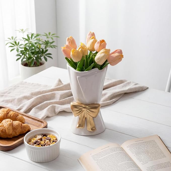 Relexome Fully Glazed White Ceramic Gold Bow Vase 9.64 in Unique Cute Modern Decorative Bouquet Flower Vases for Home Living Room Table Mother's Day Decor Women Gifts