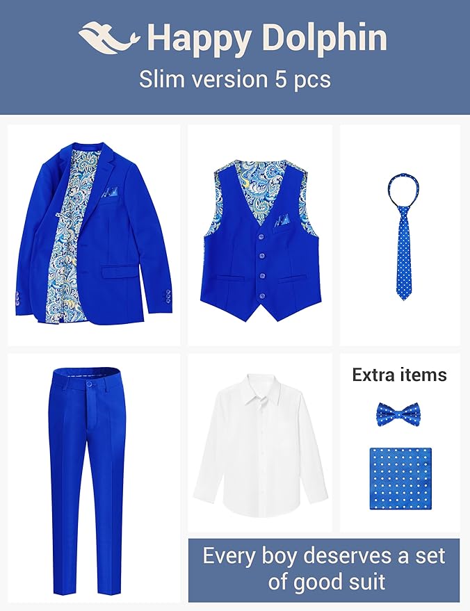 Happy Dolphin Boys Suit Set Modern Fit Kids Suits Adjustable Waist Boys Wedding Outfit for Boy Communion Suits for Boys