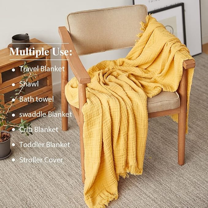 Simple&Opulence Cotton Muslin Throw Blanket for Bed, Couch, Knit Woven Gauze Blanket with Tassels, Soft Lightweight Cozy Pre-Washed Breathable Farmhouse Decoration for All-Season (Yellow)
