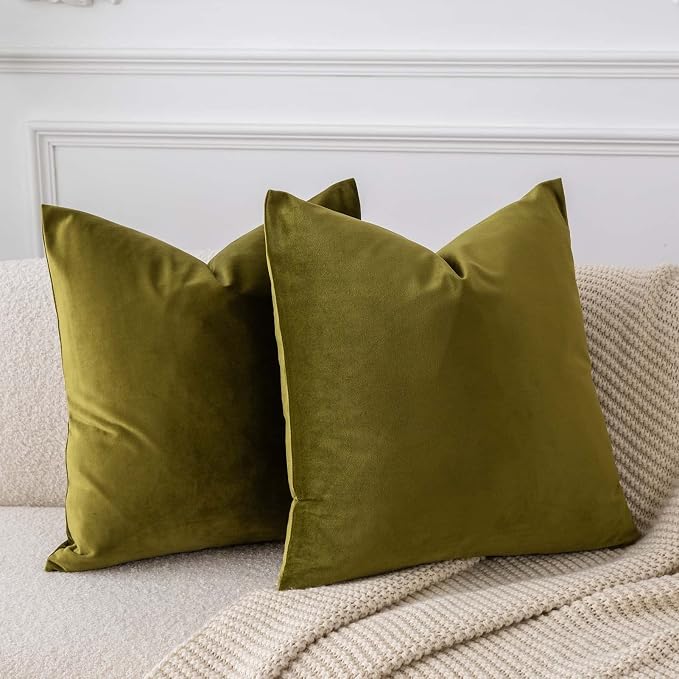 20x20 Decorative Velvet Throw Pillow Covers Set of 2 for Couch,Olive Green | Soft Cushion Cases with Invisible Zipper for Modern Sofa Bed Living Room Bedroom Home Decor