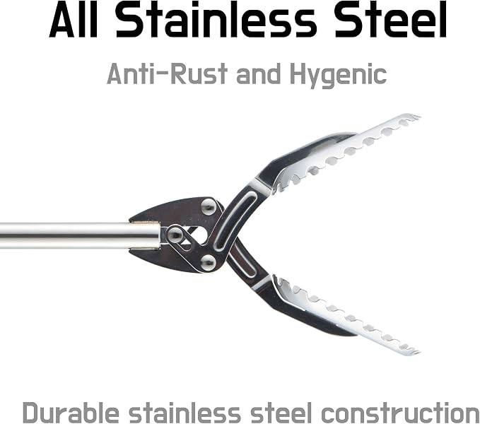 FTH Stainless Steel Grabber Reacher Pickup Tool Heavy Duty Trash Picker 60" | Log BBQ fireplace pits snake tongs plogging tool no wire design outdoor yard cleanup litter picker leaves branches sticks