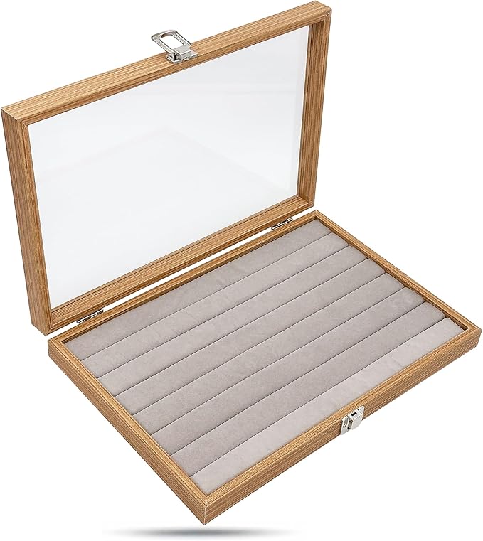 Wooden Travel Jewelry Box w. Tempered Glass Display Lid - Rings Storage - 7-Rows Velvet Organizer (Natural Oak) by The Display Guys