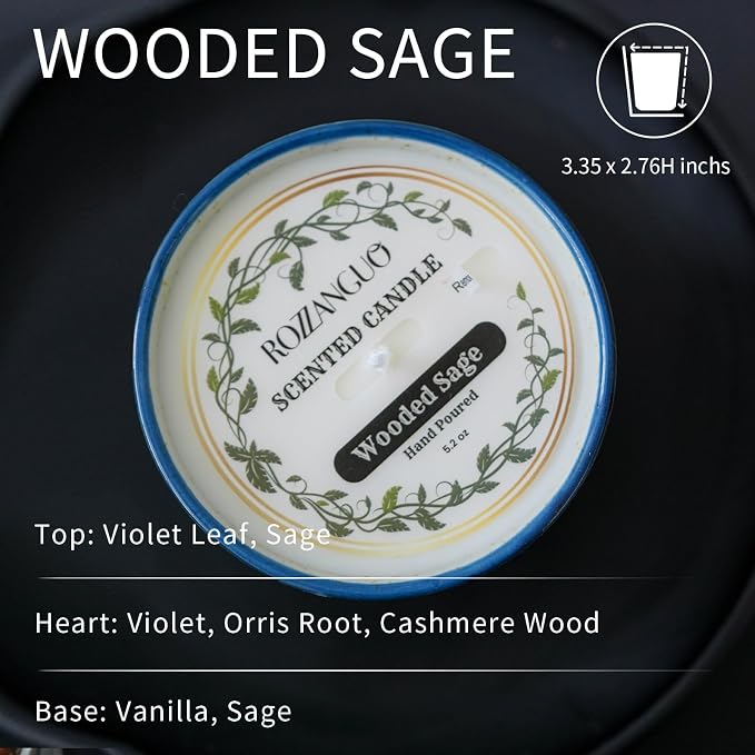 Luxury Textured Ceramic Jar Scented Candle | Non Toxic 100% Natural Coconut & Soy Wax Blend Cotton Wick | 5.2oz | Hand Poured Highly Scented Long - Lasting | Women & Men | (Wooded Sage)