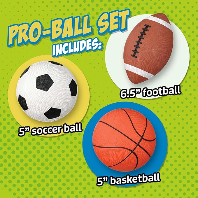 Toysmith Get Outside GO! Pro-Ball Set (Pack of 3) – Small Toddler Sports Balls for Ages 3+ – Includes 5″ Soccer, 6.5″ Football & 5″ Basketball – Indoor or Outdoor Play, Backyard Toy & Gift for Kids