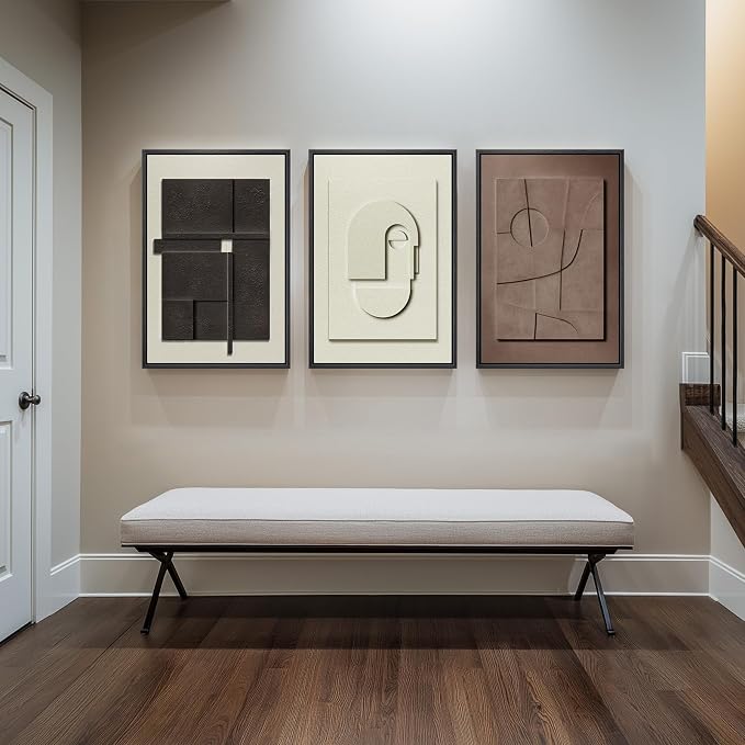 Large 3D Framed Abstract Wall Art Set, 3 Piece Modern Artwork for Walls | Solid Wood Frames, Textured Paintings, Black White Brown Neutral Tones, Living Room Dining Bedroom Office Pictures Wall Decor