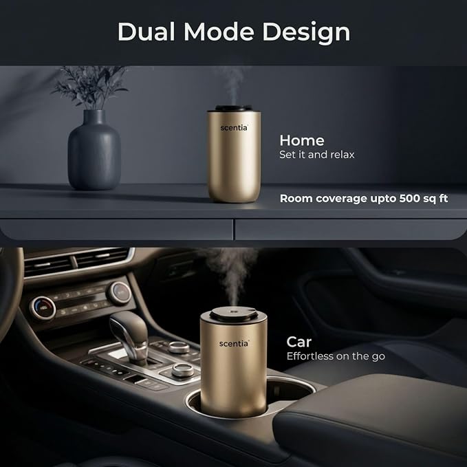 Scentia MiniPod Gold Waterless Diffuser for Essential Oil, Smart Car Air & Home Freshener with 3 Mist Levels & LED Light, Auto On/Off Rechargeable, Portable Scent Air Machine