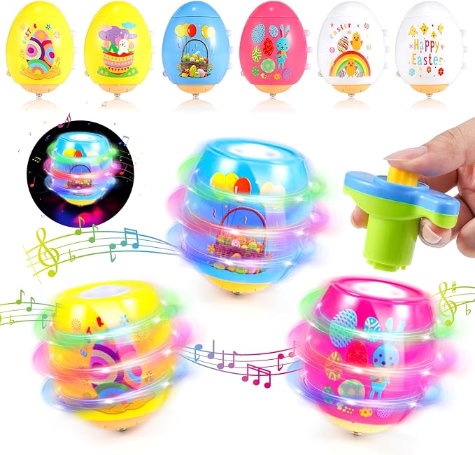 6 PCS Easter Basket Stuffers for Toddler Kids, Light Up & Singing Spinning Top with Flash, Easter Eggs Hunt Party Favor Toy Gifts, Kids Goodie Bag Fillers, Easter Gifts for Boys Girls 3+, Decorations