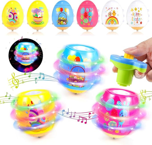 6 PCS Easter Basket Stuffers for Toddler Kids, Light Up & Singing Spinning Top with Flash, Easter Eggs Hunt Party Favor Toy Gifts, Kids Goodie Bag Fillers, Easter Gifts for Boys Girls 3+, Decorations