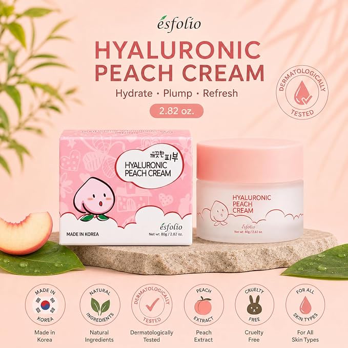 esfolio made in Korea Hyaluronic Peach Cream 2.82 Oz, Lightweight Daily Facial Moisturizer with Hyaluronic Acid and Peach Extract, Fast Absorbing Hydration Cream for Dry and Normal Skin