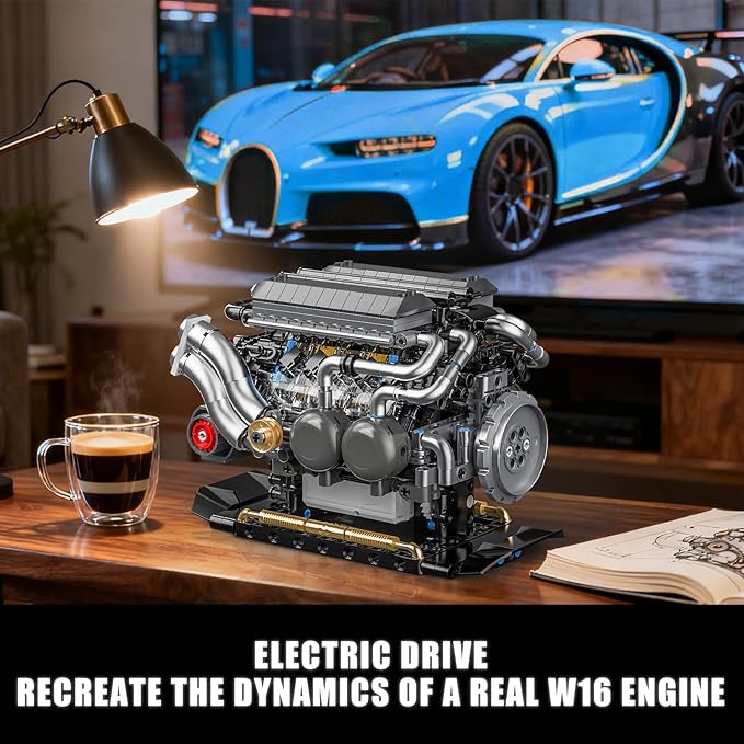 W16 Engine Building Blocks Set for Adults, STEM Mini 16-Cylinder Engine Model Kit that Runs, Compatible with Lego Car, DIY Physical Science Experiment Toy for Teens Boys 8-14+ (801 PCS)