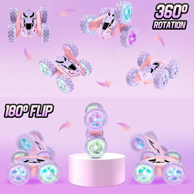Remote Control Car, Double Sided 360°Rotating 4WD RC Cars with Headlights 2.4GHz Electric Race Stunt Toy Car Rechargeable Toy Cars for Boys Girls Birthday (Pink and Purple)