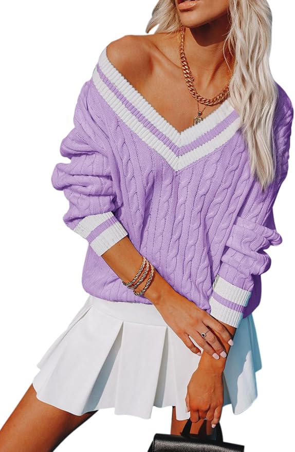 Aoudery Womens V Neck Oversized Sweaters Long Sleeve Cable Knit Pullover Striped Chunky Sweater Casual Tennis Tunic Tops