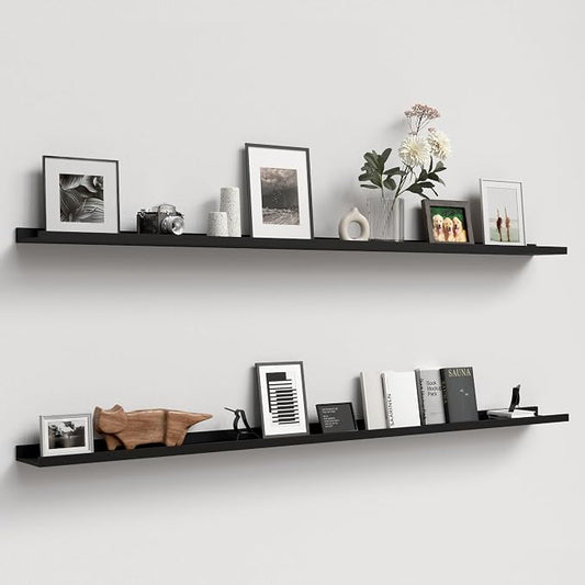 Boswillon Floating Shelves Set of 2, Long Wall Shelf with Lip, 72in, Black | Display Ledge Shelf for Room Wall, Wall Decor Shelves for Bathroom, Living Room, Bedroom, Kitchen, Nursery Room, Modern, Wood