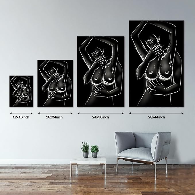 Yeesjoee Wall Art Sexy Couples Modern Picture, Nude Lover Man Kiss Woman Intimate Embrace Canvas Paint, Abstract Black White Prints Artwork Sensual Bedroom Living Room Hotel Bar Decor, 18x24 in Framed