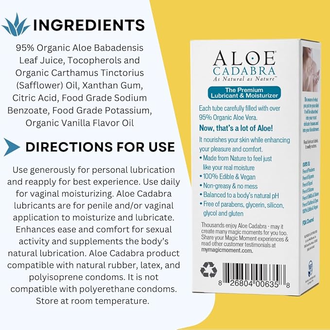 Aloe Cadabra Flavored Personal Lubricant & Vaginal Moisturizer, NSF Certified Organic Edible Aloe Lube for Men, Women & Couples, Non-Staining, pH Balanced, Toy Compatible (Pina Colada, 2.5oz, 1 Pack)