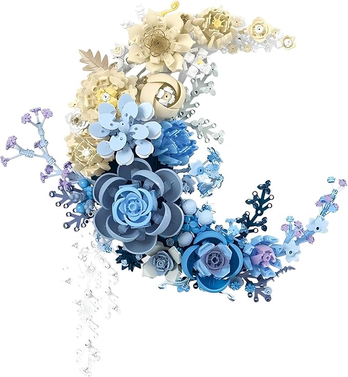 Blue Moon Flower Building Set, Botanical Collection Crescent-Shaped Artificial Flowers Building Blocks Kit Compatible with Lego for Adults or Kids Home Décor Wall Art Decoration