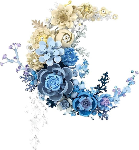 Blue Moon Flower Building Set, Botanical Collection Crescent-Shaped Artificial Flowers Building Blocks Kit Compatible with Lego for Adults or Kids Home Décor Wall Art Decoration
