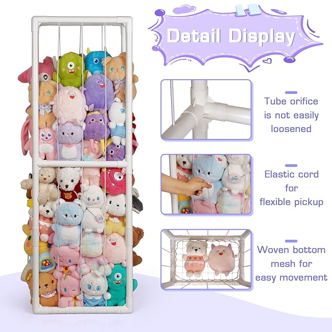Trycooling Stuffed Animal Storage Zoo Holder Space Save Vertical PVC with Elastic Band and Net for Playroom Bedroom Nursery (White 1)