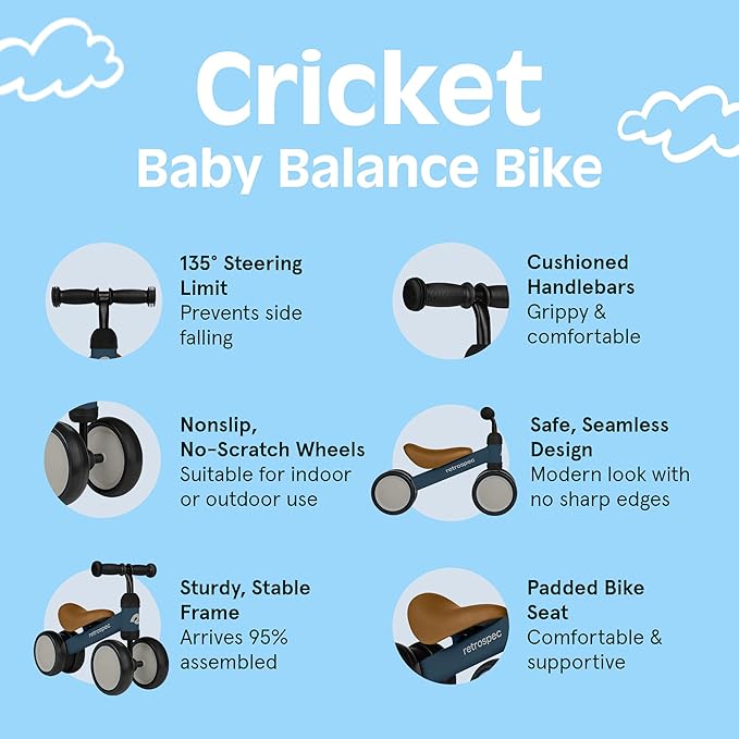 Retrospec Cricket Baby Walker Balance Bike with 4 Wheels for Ages 12-24 Months - Baby Toys & Toddler Toys for 1 Year Olds - Ride On Bicycle - Boys & Girls
