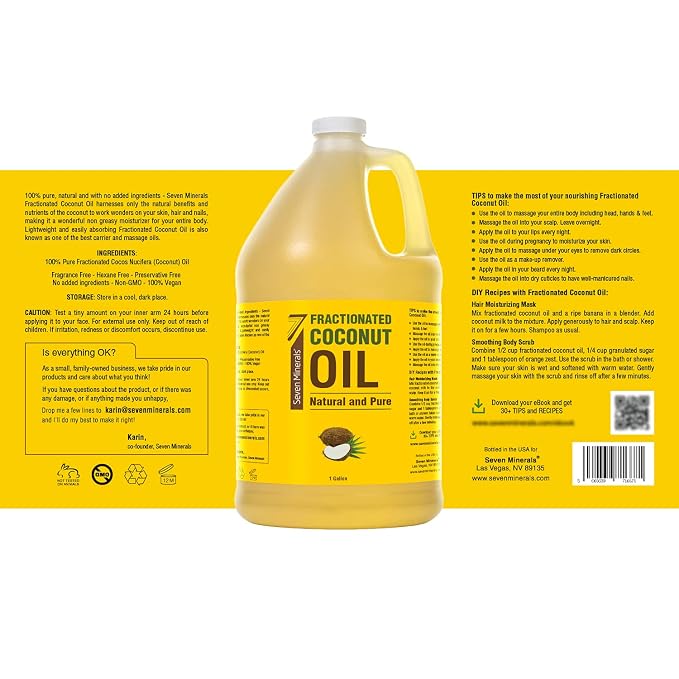 Seven Minerals Pure Fractionated Coconut Oil - 1 Gallon - Non-GMO, 100% Natural, Lightweight Massage Oil for Therapy on Skin, Hair, More - Perfect Bulk Carrier Oil for Essential Oils (128 fl oz)