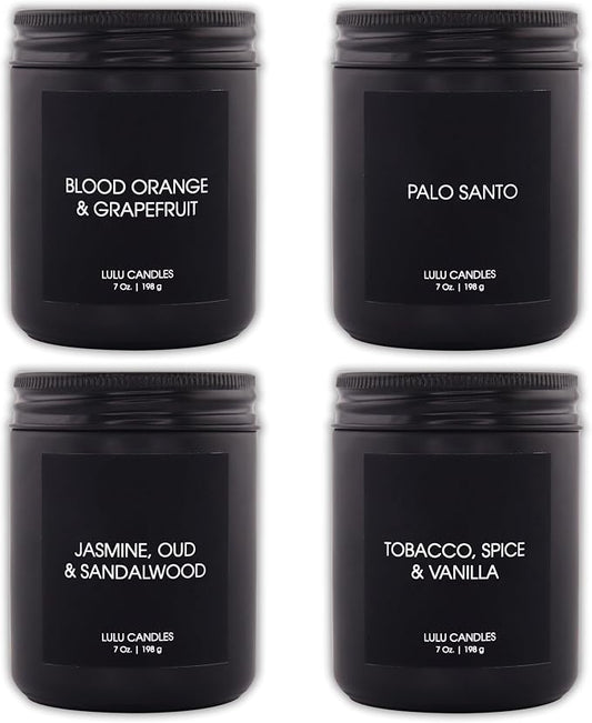 Lulu Candles | 4 Pack Scented Candles Gift Set | Gift Set for Home, Men, and Women | Jasmine, Oud & Sandalwood, Blood Orange & Grapefruit, Tobacco, Spice & Vanilla, and Palo Santo (4PCS - 7 Oz/Each)