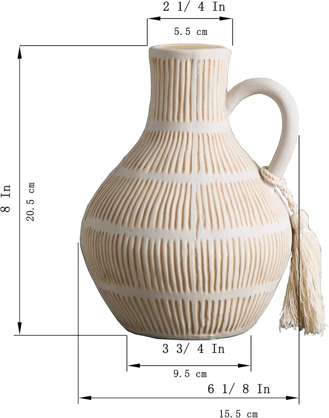 Mowtanco Rustic Ceramic Vase for Home Decor, Farmhouse Decorative Vases for Pampas Grass, Terracotta Vase with Tassel Design, Handle Flower Vase, Clay Vase for Living Room Decoration, 8 inch Tall