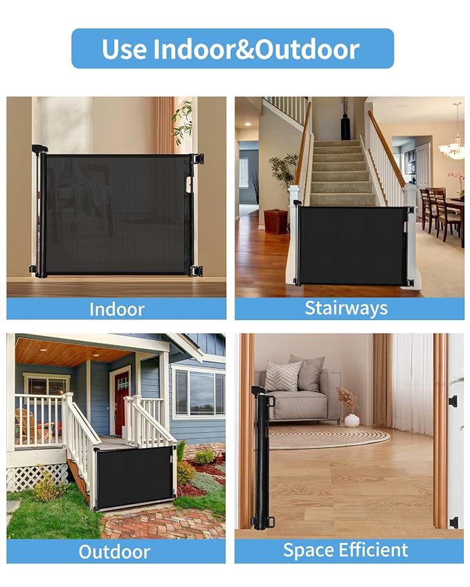 Veraste Retractable Baby Gate for Doorways and Stairs, Mesh Safety Gate for Pet, Indoor & Outdoor Use, One-Hand Operation, Easy Installation, 33.6" Tall, Expands to 71" Wide（Black,33.6"x71"）