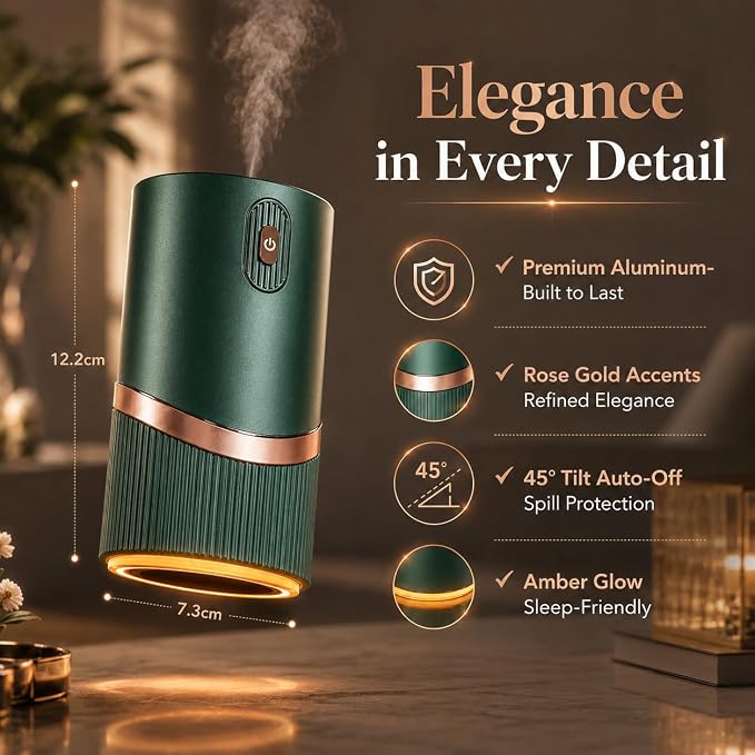 Waterless Essential Oil Diffuser, Mini Scent Air Machine Portable Diffuser for Home Car Office, Battery Operated Aromatherapy Diffuser with 10mL Hotel Scent Fragrance Oil, Timer & 4 Mist Levels, Green