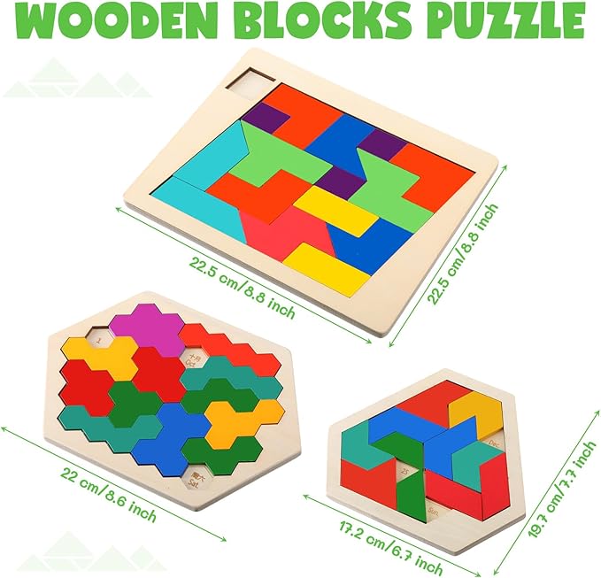 Yunsailing 3 Pack Hexagon Tangram Puzzle Wooden Brain Puzzles with Storage Bag Challenge Wood Russian Blocks Brain Teasers Geometric Jigsaw Block Logic Iq Stem for Family Party Gifts (Multilateral)