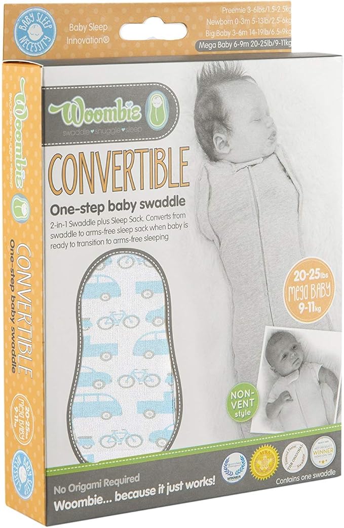 Woombie Convertible Nursery Swaddling Blanket, Swaddle Converts to Wearable Blanket for Babies Up to 6 Months, Beep Beep, 14-19 lbs