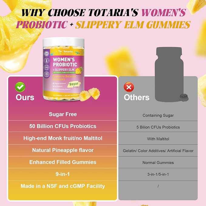 2PCS 9-in-1 Sugar Free Feminine Probiotics Gummies - pH Balance, 50 Billion CFU Vaginal Probiotic Gummies w/ Prebiotic, Slippery Elm, Cranberry, for Vaginal, Urinary Tract, Gut, Hawaiian Pineapple
