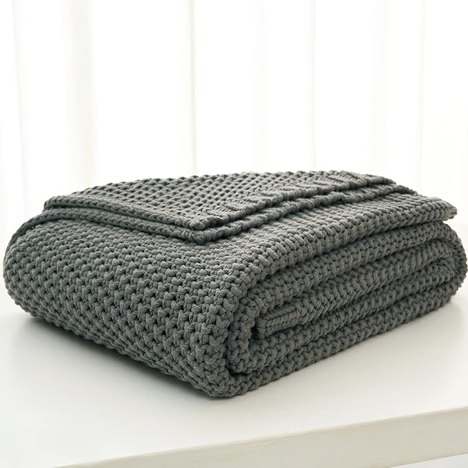 Chunky Cable Knit Throw Blanket Lightweight Grey 100% Organic Cotton Blanket for Sofa Couch Bed Baby Nursery, Rustic Shabby Chic Modern Farmhouse, Gray 60” x 80” Give Laundering Bag