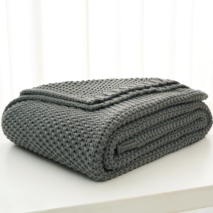 Chunky Cable Knit Throw Blanket Lightweight Grey 100% Organic Cotton Blanket for Sofa Couch Bed Baby Nursery, Rustic Shabby Chic Modern Farmhouse, Gray 51” x 63” Give Laundering Bag