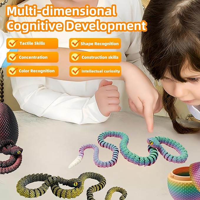 3D Printed Snake with Egg Set - 23.23Inch Rattlesnake with Luminous Tail, 3D Printed Animal with Snake Inside, Fake Snake Fidget Toys for Kids & Adults, Hallowen Decor (Rainbow Color)