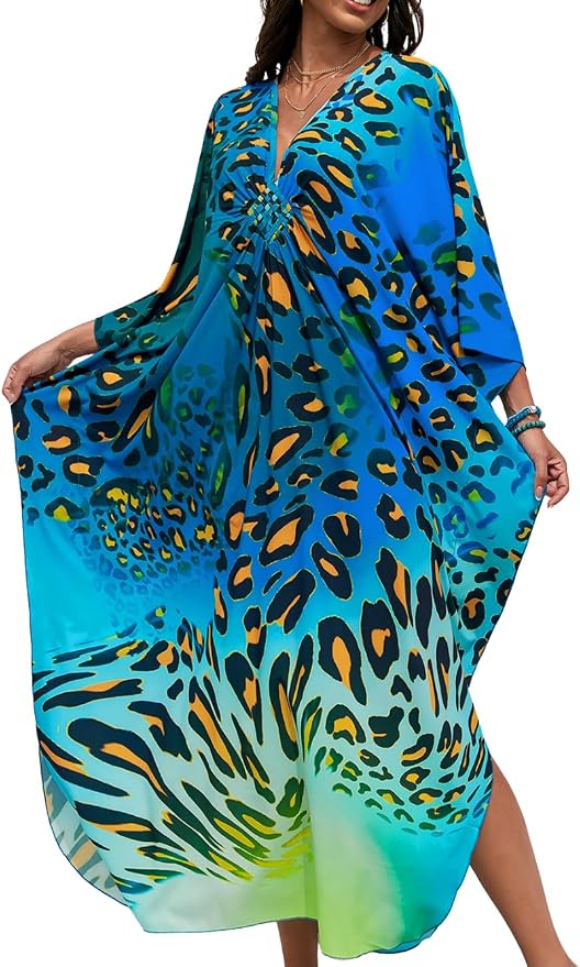 ChiaoLezhee Print Moo-Moos for Women, Kaftan Cover-Up Dresses, Sexy V-Neck High-Slit, Beach Pool-Party Coverups Muumuu Plus
