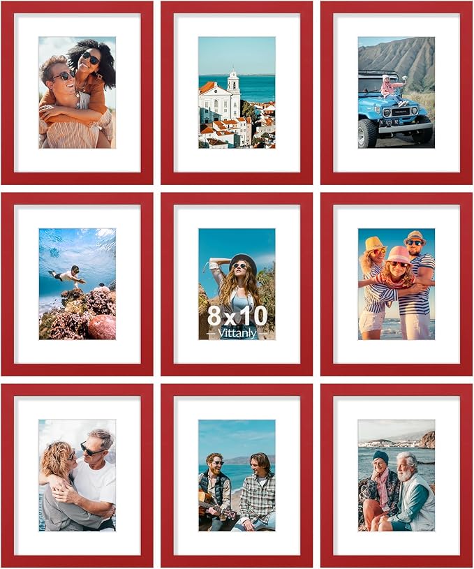 Vittanly 8x10 Picture Frames Set of 9 for Wall or Tabletop Display, Red | Display Pictures 5x7 with Mat or 8x10 without Mat, Small Photo Frames, Engineered Wood with Shatter Resistant Plexiglass
