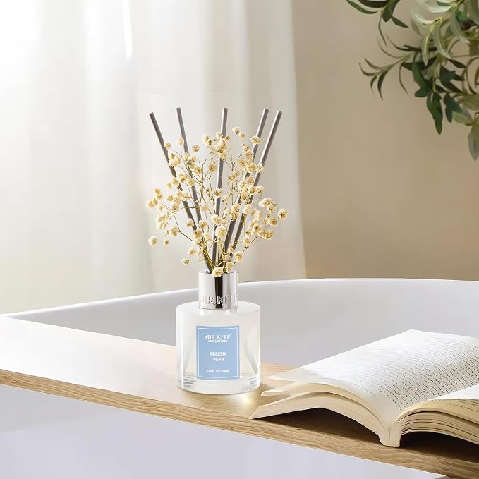 Airkeep Reed Diffuser Set,3.38 fl oz (100 ml) - Freesia Pear Oil Diffusers with 8 Reed Sticks, Home Fragrance Reed Diffuser for Bathroom Shelf Decor