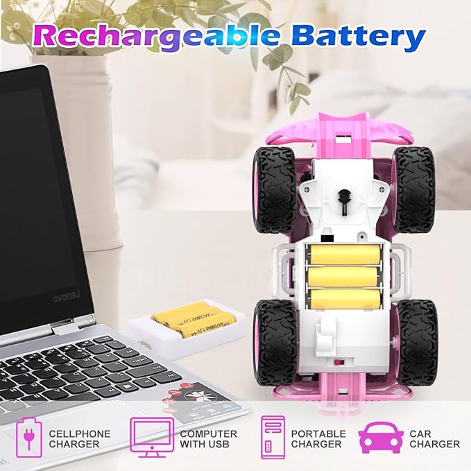 Qizebaby Pink RC Car for Girls, Remote Control Jeep Toy with LED Lights, Rechargeable Off-Road RC Truck, Gifts for Kids Girls Ages 3–7