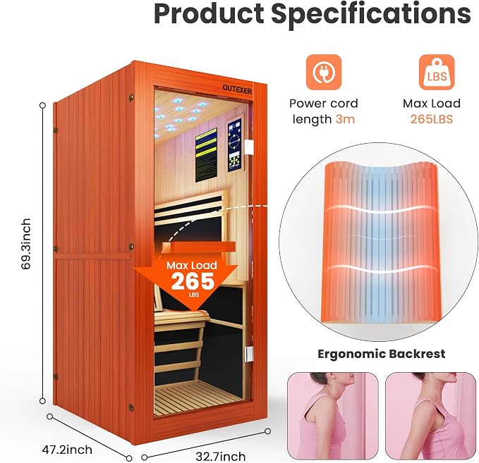 OUTEXER Infrared Sauna 1495W Wooden Saunas Spa Room Pacific Clear Cedar Wood Single Person Indoor Saunas with Special Shaped Comfortable Backrest 32.68 * 47.24 * 69.29 Inch