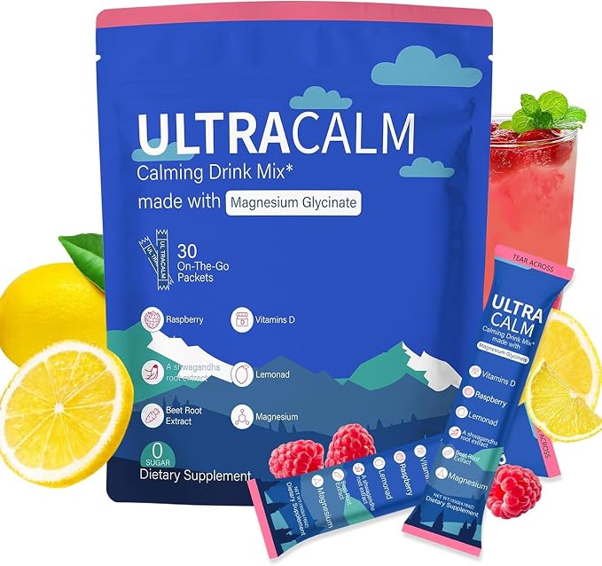 UltraCalm Super Calm Cortisol Drink, Magnesium Glycinate Powder with Ashwagandha L-Theanine Vitamin D3, Calm Magnesium Powder for Stress Relief Sleep Support, Raspberry Lemonade (30 Servings)
