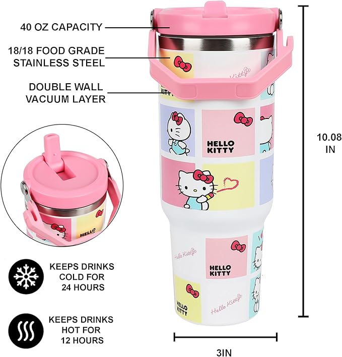 Bioworld Hello Kitty Character Squares White 40 Oz Stainless Steel Tumbler