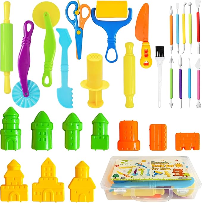 Kleeblatt Dough Tools Set for Kids - 20 Pcs Playdough Kit with 9 Basic Dough Tools,9 Double-Headed Clay Carving Tools,1 Marine Silicone Molds & Cleaning Brush, Safe for Toddlers Ages 2-8
