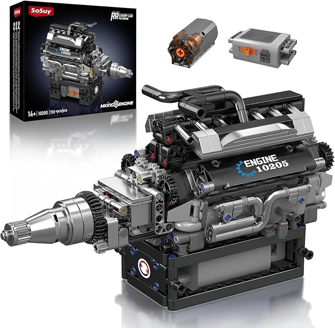 Sosuy RR V12 Motorized Engine Building Block Kit, Electric Motor Drive, Ultra‑Realistic Working Replica Model 733Pcs, STEM Educational Engines Toy Birthday Christmas for Boy Kid Adult 14+