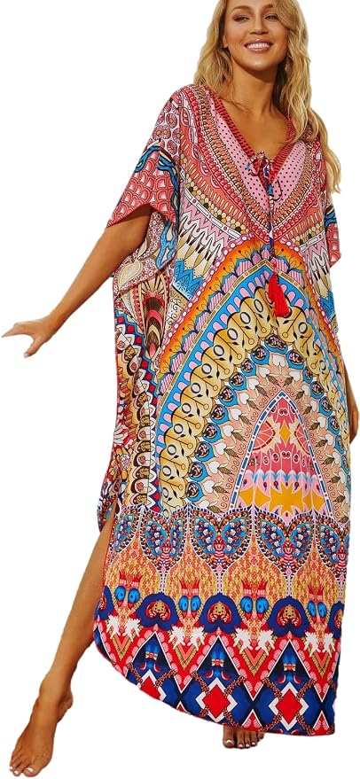Venasha Womens Caftan Floral Print Kaftan Dress Short Sleeve Swimsuit Cover up Loungewear for Summer