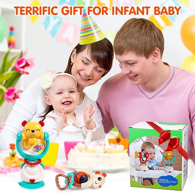 Baby Toys 6-12 Months Infant Toy Set of 3 High Chair Suction Cup Rattle Teething Toys for Babies 6 7 9 12-18 Months 2-in-1 Sensory Development Tray Toy Baby Gifts for Boys Girls