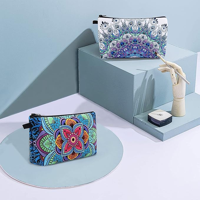 MAGEFY Makeup Bag, 2 Styles Travel Cosmetic Bag for Women Cosmetic pouch Elegant Blue Patterns Zipper Pouch Waterproof Makeup Pouch Cute (2 Packs, Peacock feather + Mandala pattern 0179)