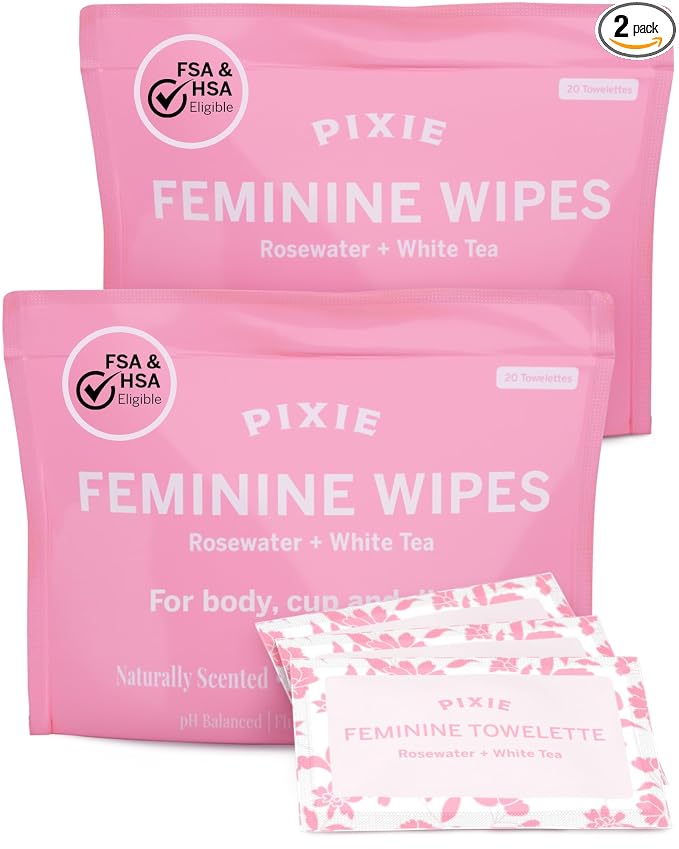 Pixie Feminine Wipes – Naturally Scented Rosewater + White Tea – Flushable, Biodegradable & pH Balanced – Individually Wrapped Wipes for On-The-Go – Cleaner for Menstrual Cups & Discs (2 Packs of 20)
