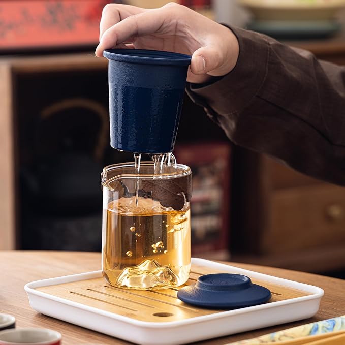 Portable Gongfu Tea Set with Travel Case, Ceramic Tea Set with Glass Teapot Infuser, Bamboo Tea Tray and 4 Ceramic Teacups, All-in-One Travel Tea Kit for Home Office Outdoor Picnic Camping